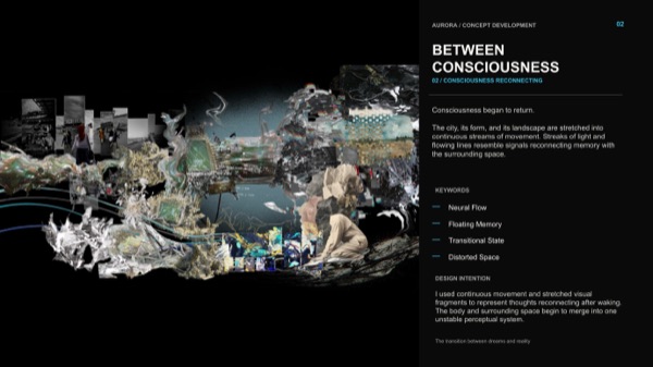 Bảng ý niệm 02, Between Consciousness: thành phố, cơ thể và phong cảnh kéo dài thành những dòng chảy liên tục khi ý thức nối lại.