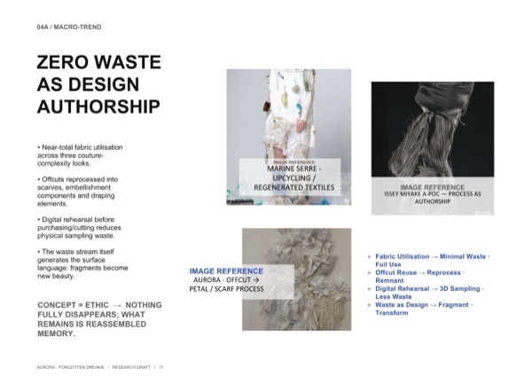 Zero waste như quyền tác giả thiết kế: Marine Serre và Issey Miyake A-POC được tham chiếu bên cạnh ảnh quy trình biến vải thừa thành cánh hoa của chính cô.
