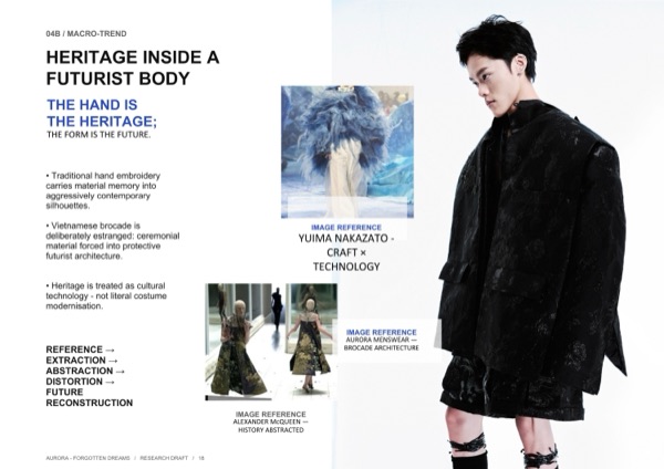 Di sản bên trong một cơ thể vị lai: Yuima Nakazato và Alexander McQueen được tham chiếu bên cạnh ảnh trang phục nam kiến trúc gấm khổ lớn của cô.