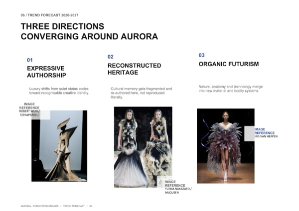 Ba hướng đi hội tụ quanh Aurora: Robert Wun, Schiaparelli, Yuima Nakazato, McQueen và Iris van Herpen được đối chiếu với ý niệm của cô.