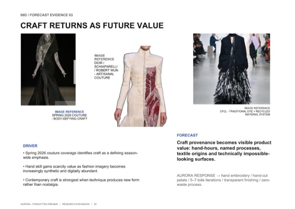Craft returns as future value: Spring 2026 couture, Dior, Schiaparelli, Robert Wun and CFCL referenced as evidence for craft's return.