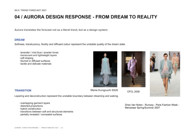 Phản hồi thiết kế của Aurora, từ giấc mơ đến hiện thực: Mame Kurogouchi, CFCL và Dries Van Noten được tham chiếu làm bằng chứng thiết kế của cô.