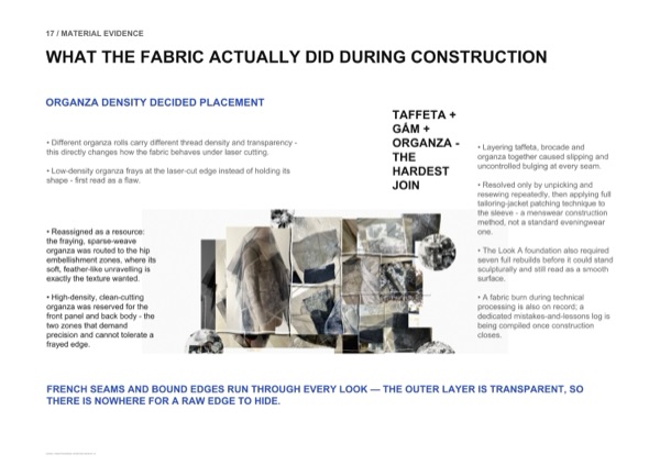 Material evidence: look A's foundation needed seven full rebuilds before it stood sculpturally, taffeta, gấm and organza named the hardest join.