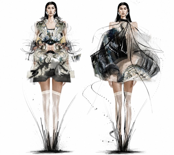 Refined pair close to the final womenswear: printed shard volume beside a sheer draped version.