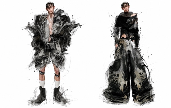 Menswear direction opens with a fringed ink cocoon over belted shorts, beside a cross wrapped top on wide leg trousers strapped at both knees.