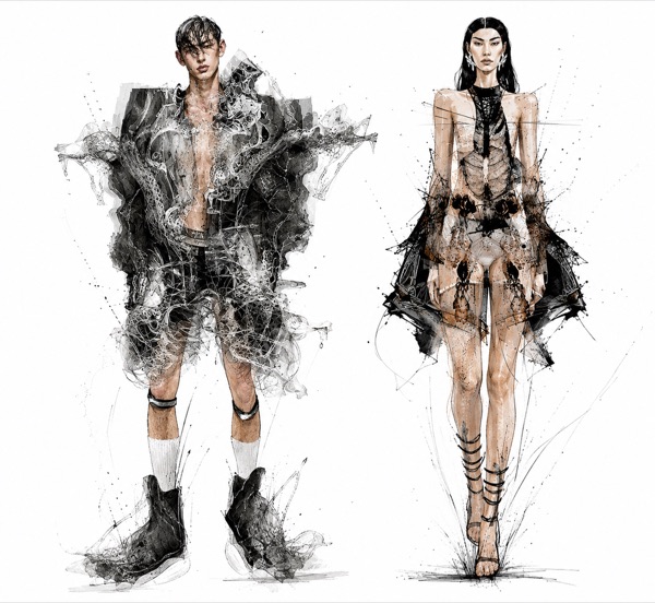 The same frayed cocoon jacket returns beside a rib baring mini, its hem scorched into dark floral patches, legs laced to the knee in strap sandals.