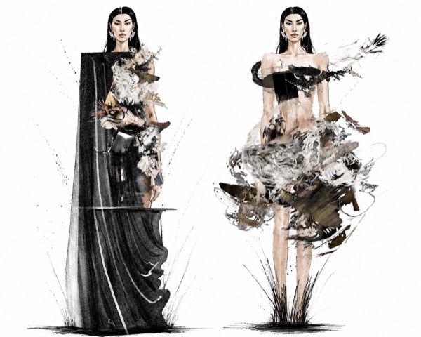 A floor length column gown in carved black panelling stands opposite a strapless bodice erupting into a feathered petal skirt, the collection's two structural poles.