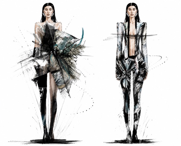 The shard language sharpens here, a fractured teal and black mini splintering off one hip beside a marbled catsuit slit open to the navel in one long panel.