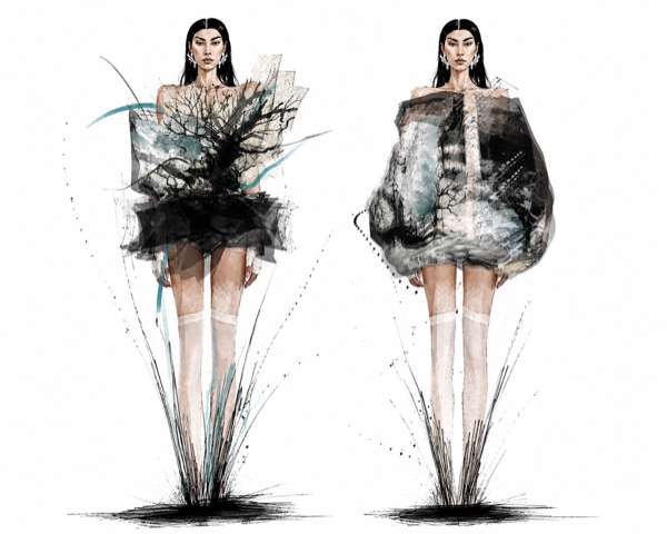 Branch print appears at two scales here, a jagged inset panel over a tulle mini, then the same ink branching wrapped whole around an off shoulder cocoon.