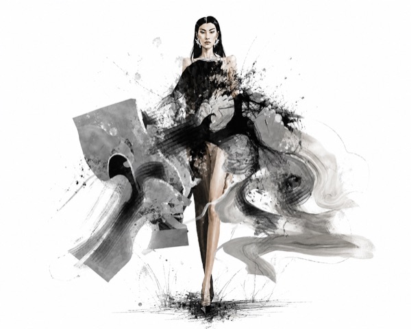 A solo grayscale study lets pale petal blooms erupt across a fitted black bodice while smoke grey drapery sweeps into a trailing side wing.