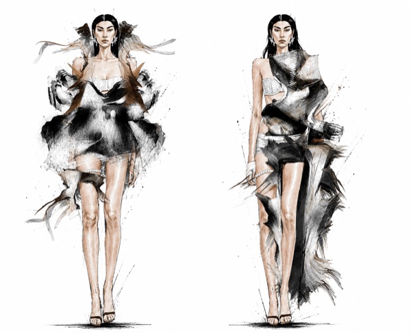 Petal ruffles fan into a bustier peplum strung with pearl garters, set beside a one shoulder cutout whose shard fringe cascades the length of one leg.