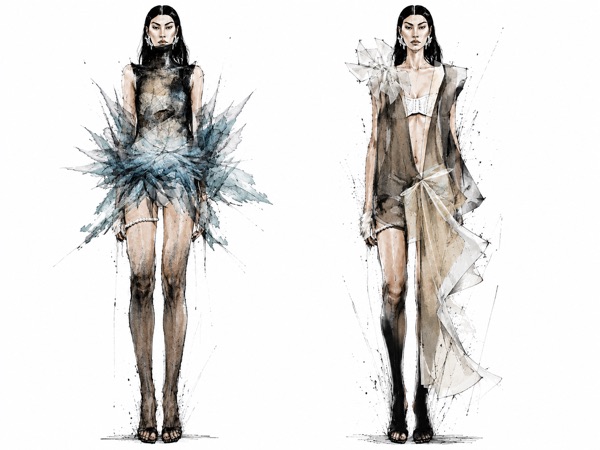 Crystalline teal shards spike out from a high neck sheath, beside a sheer wrapped vest tied at the waist over a pearl garter brief.