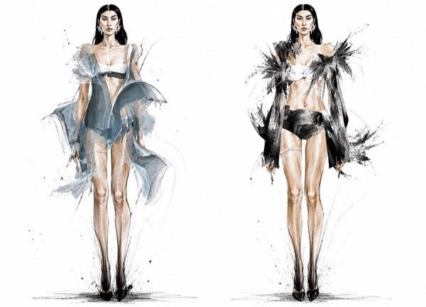 A blue grey chiffon wrap trails from a cropped bra top, paired with a feather shredded jacket baring a black brief cinched by the same pearl garter chain.