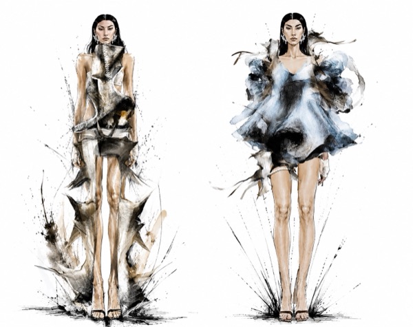 A jagged sculptural collar anchors a spike hemmed shard dress, beside the petal mini reworked in slate blue and black, its bloom gathering unevenly over one shoulder.