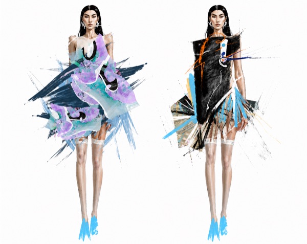 Colour trial in lavender and teal ribbons stacked over a one shoulder mini opposes an ink black column slashed with orange, both grounded by electric blue heels.