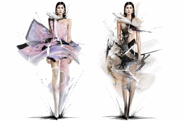 A second colour trial sets a pink and lilac peplum mini against a sheer nude wrap scored with orange and blue thread, both sharing one sculptural collar.