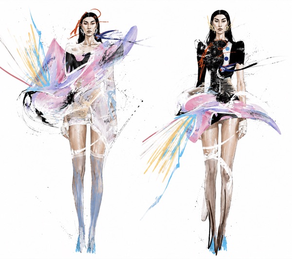 The pink and lilac wing sweeps from the hip again, once over sheer draped shorts, once over a black puff sleeve bodice, neither reaching the final three looks.