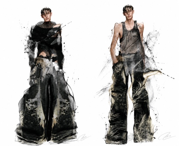 Her signature marks this menswear pair, a wrapped harness top over grass print wide trousers, then a mesh tank version, the wide leg silhouette resolved and signed.