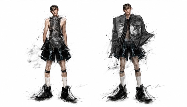 Knee padded shorts take the menswear idea smaller, chain drops along the hem, white crew socks meeting oversized black shoes below.