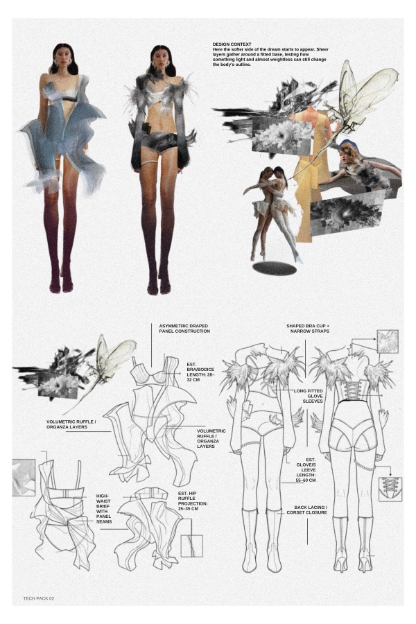 Tech pack 02 lets the dream's softer half appear: organza ruffles gather over a bra and brief base, corset laced at the back, 25 to 35 cm projection.
