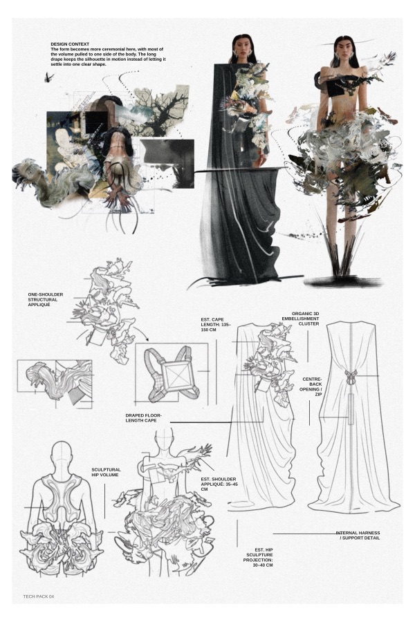 Tech pack 04 goes ceremonial: a floor length cape at 135 to 150 cm pulls volume to one shoulder, carried on an internal harness.