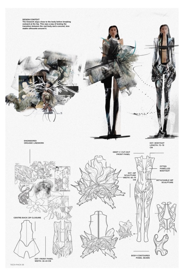 Tech pack 06 tests where the body ends: engineered linework breaks outward at the hip, a detachable sculpture spanning 55 to 70 cm above a deep V bodysuit.
