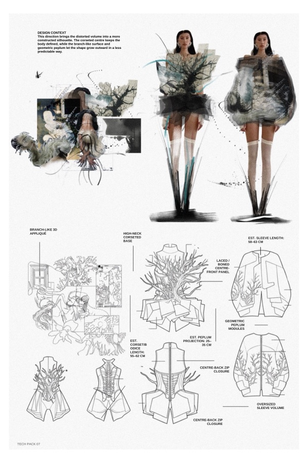 Tech pack 07 keeps the centre corseted: branch like applique climbs a high neck bodice while geometric peplum modules project 25 to 35 cm outward, sleeves oversized.
