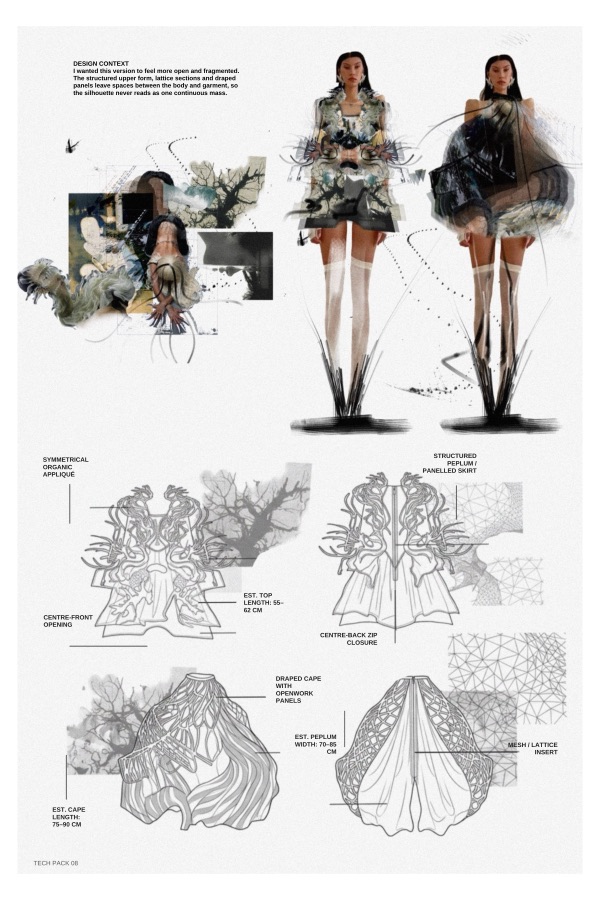 Tech pack 08 leaves the body its own space: mesh lattice inserts sit inside an openwork cape stretching 75 to 90 cm, a structured peplum skirt below.