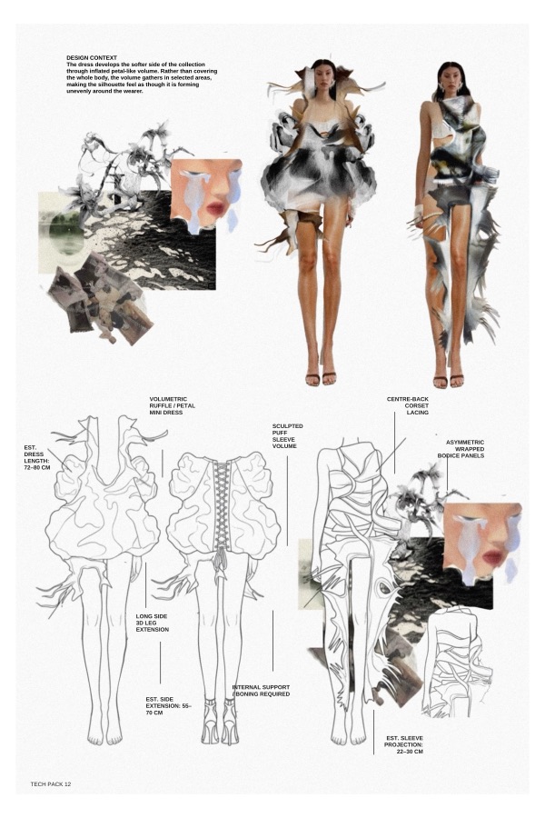 Tech pack 12, the petal mini settles unevenly: ruffled volume gathers around the body over boning, dress length 72 to 80 cm, leg extensions to 70 cm.