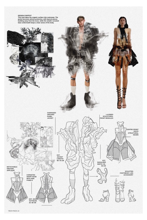 Tech pack 13 turns the surface protective: an oversized organic panel jacket builds to 68 to 76 cm over a corseted short base, sculpted footwear closing each leg.