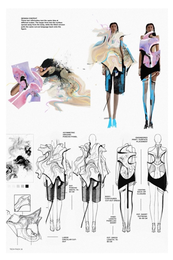Tech pack 16 sets one idea at two scales: an asymmetric poncho panel spreads outward, its fitted twin pulling circular cut-outs into a 78 to 88 cm dress.