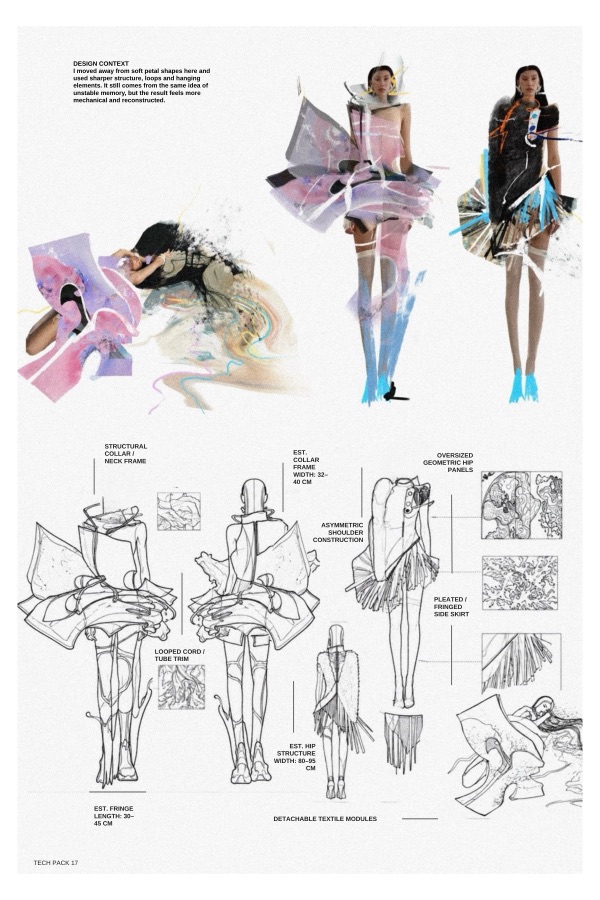 Tech pack 17 hardens into mechanism: a structural collar frames the neck at 32 to 40 cm above a looped hip structure spanning 80 to 95 cm.