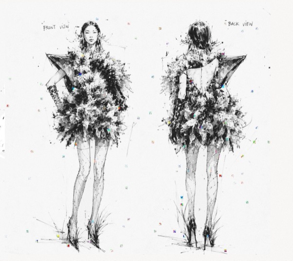 Look A illustration plate, front and back views of the petal dress.