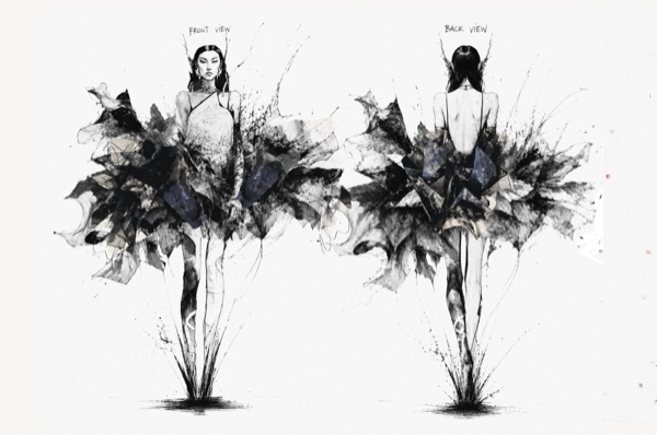 Look B illustration plate, front and back views of the shard dress.