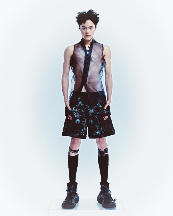 Look C, sheer aurora layer closest to the skin over the embroidered shorts.