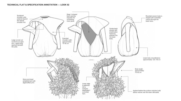 Technical flat and specification for Look A, the petal dress, with surface module notes.