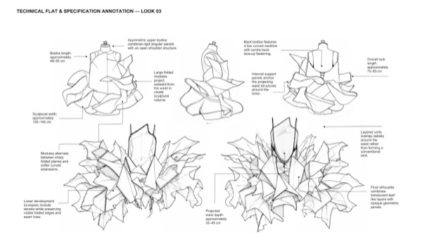 Technical flat and specification for Look B, the shard dress, folded modules and waist depth.