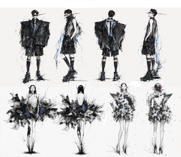 All three looks appear together on the line-up plate: menswear cape sleeves top row, petal and shard skirts sketched front and back below.