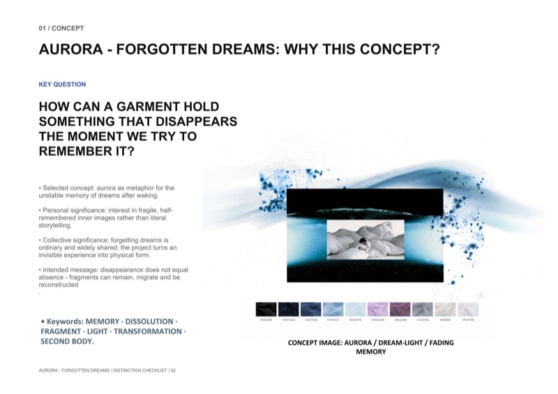 Concept statement in her own words: how can a garment hold something that disappears the moment we try to remember it, with her dream light composite and the first palette strip.