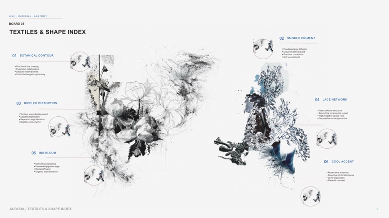 Index board 05: botanical contour, lace network and the first cool blue accent entering the field.