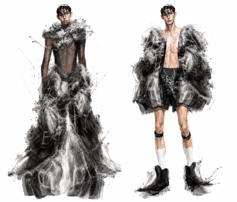 Early illustration pair: a vast black ink gown beside the first menswear cocoon, the collection at its most theatrical.