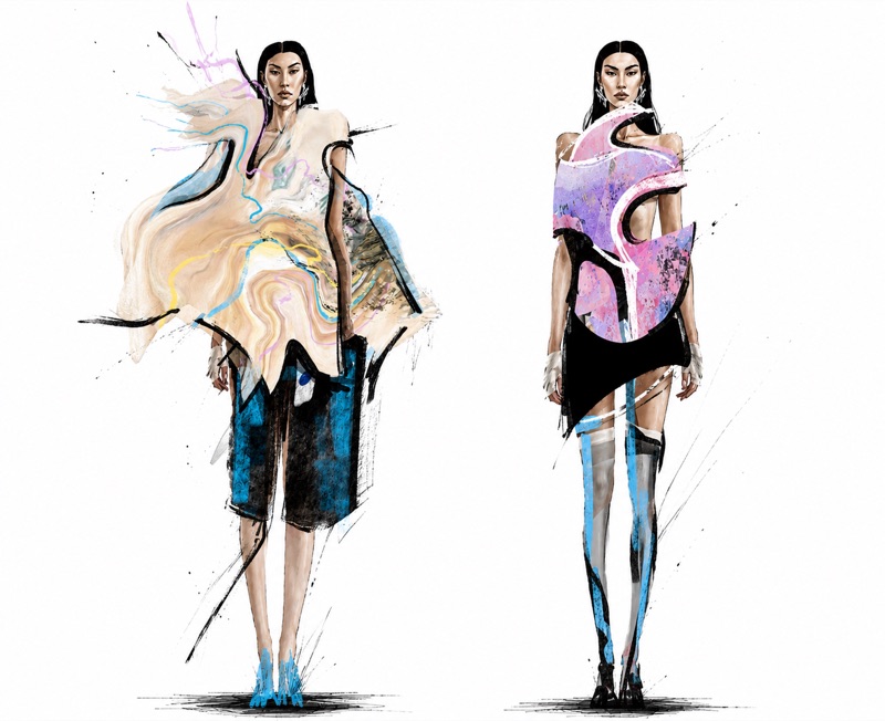 Marbled poncho direction: the printed surface treated as one continuous painted field over shorts.