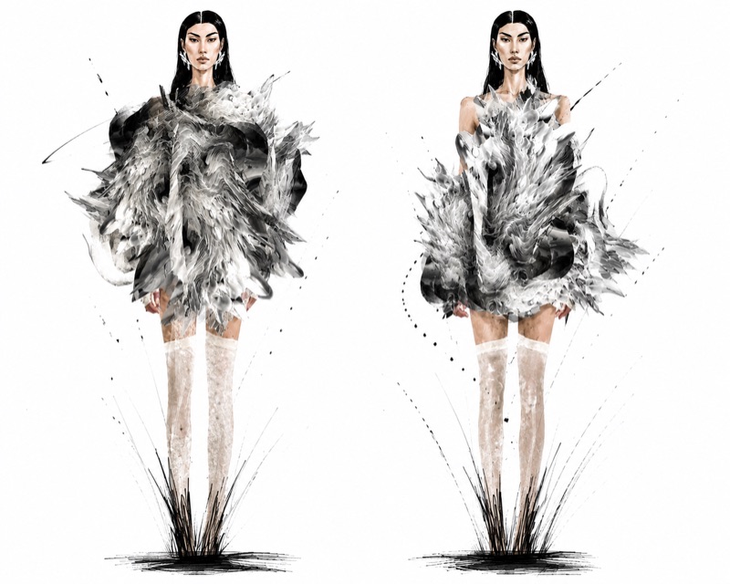 Single figure with ink sweeping away from the body, the most resolved of the movement studies.
