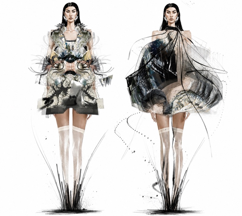 Refined pair close to the final womenswear: printed shard volume beside a sheer draped version.