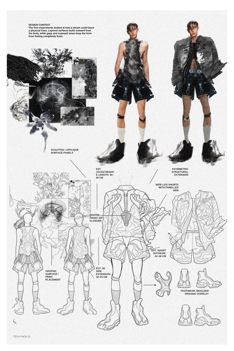 Tech pack 01 opens the run: sculpted applique panels build a jacket to 60 to 65 cm outward from the torso, closing in moulded organic footwear.