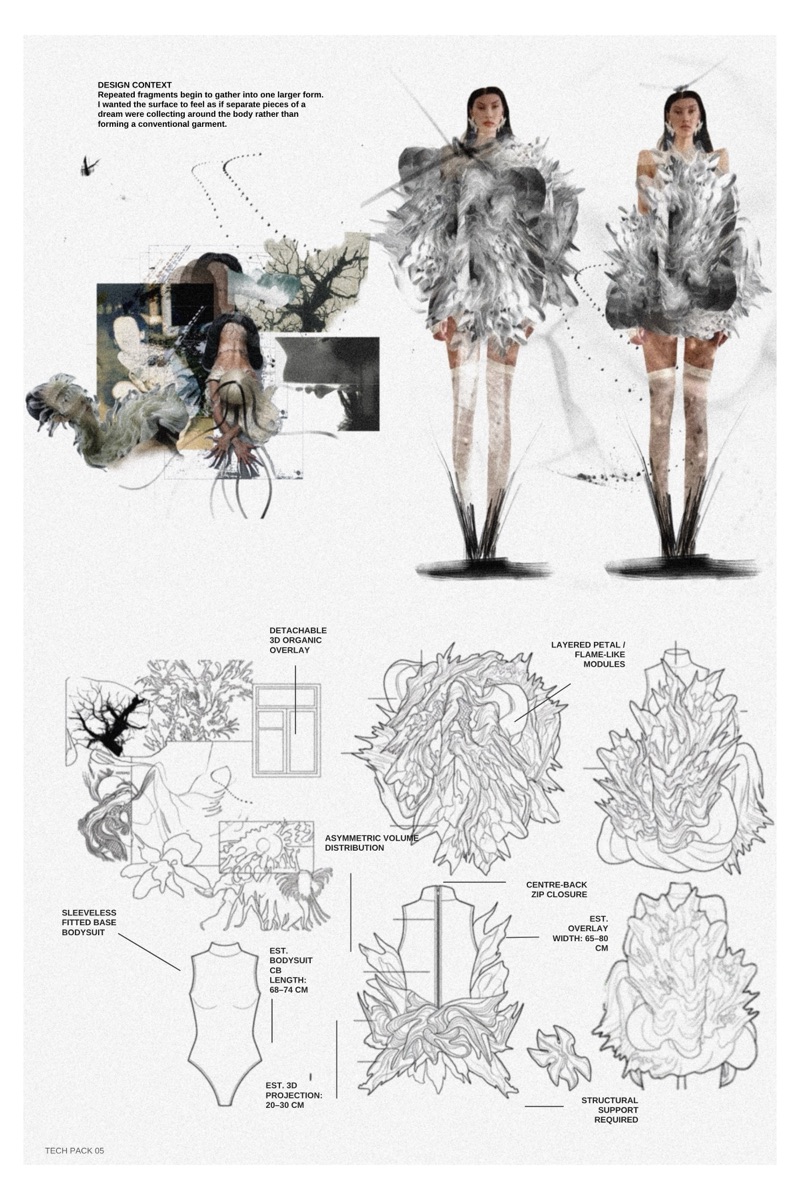 Tech pack 05 gathers fragments into one mass: petal and flame modules overlay a fitted bodysuit, detachable at 65 to 80 cm width, zipped at the back.