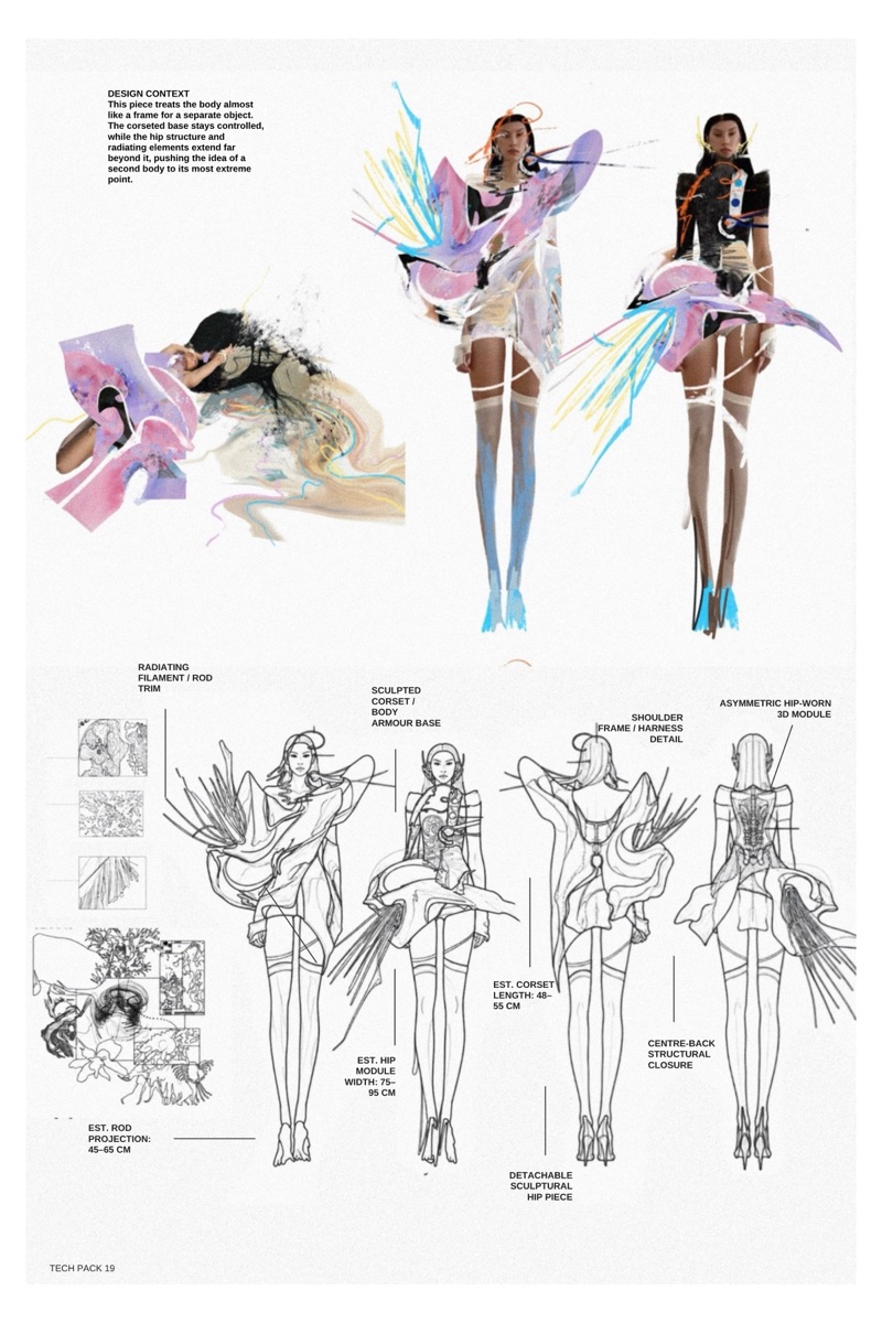 Tech pack 19 pushes the second body to its extreme: radiating rods project 45 to 65 cm from a detachable hip module, the corset base staying controlled beneath.