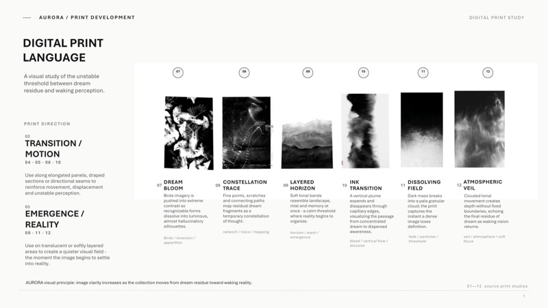 Print language 02: transition and motion, dream bloom, constellation trace and the ink transition studies.