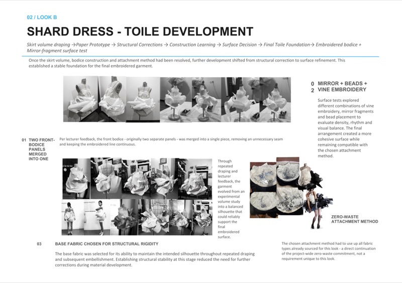 Look B toile development: skirt volume draped repeatedly until the bodice panels merged into one continuous embroidered line.