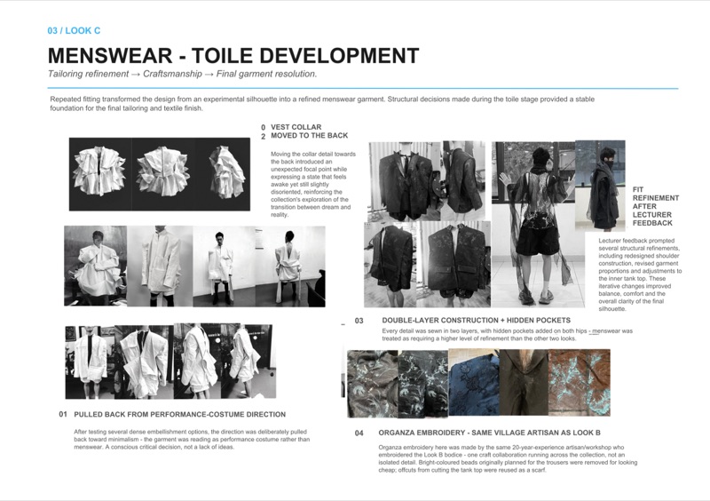 Look C toile development: the collar moved to the back and the silhouette pulled away from performance costume toward menswear.